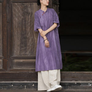 Buddha Stones Handmade Tie Dye Ramie Linen Midi Dress Wide Leg Pants With Pockets Midi Dress&Wide Leg Pants BS Purple Dress&Khaki Pants F(Fit for US4-8/10; UK/AU8-12/14; EU36-40/42)