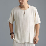 Buddha Stones Men's Solid Color Round Neck Short Sleeve Cotton Linen Shirt Men's Shirts BS Linen XL(Fit for US/UK/AU40; EU50)