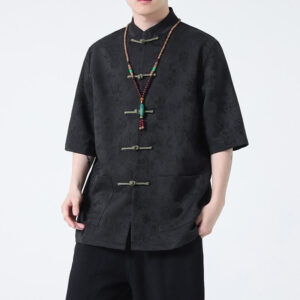 Buddha Stones Solid Color Jacquard Frog-button Chinese Half Sleeve Shirt Men T-shirt T-shirt BS Black(Top Only) 5XL(Bust 130cm/Shoulder 52cm/Length 74cm)