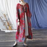 Buddha Stones Red Blue Flowers Print Cotton Three Quarter Sleeve Open Front Jacket Coat 12