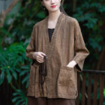 Buddha Stones Hanfu Design Three Quarter Sleeve Ramie Linen Coat Open Front Top Jacket Coat BS 16