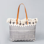 Buddha Stones Large Capacity Boho Geometry Print Tassel Canvas Tote Shoulder Bag Shoulder Bag BS Beige Geometry 50*10*32cm
