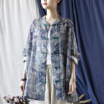 Buddha Stones Birds Flowers Geometry Frog-Button Long Sleeve Ramie Linen Jacket Shirt 17