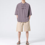 Buddha Stones Frog-Button Plaid Pattern Chinese Tang Suit Half Sleeve Shirt Cotton Linen Men Clothing Men's Shirts BS 20