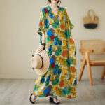 Buddha Stones Orange Blue Colorful Polka Dots Midi Dress Cotton Half Sleeve Dress With Pockets Midi Dress BS 5