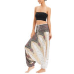 Buddha Stones Two Style Wear Peacock Feather Loose Smocked Harem Trousers Jumpsuit High Waist Pants Harem Pants BS 2