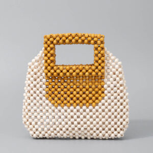 Buddha Stones Hand-woven Wooden Beads Square Tote Handbag Handbags BS Cream Turmeric 21*4.5*21cm
