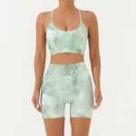 Buddha Stones 2Pcs Camo Print Backless Criss-Cross Strap Top Bra Shorts Leggings Pants Fitness Yoga Outfit Set 2-Piece Outfit BS Green 2Pcs(Top&Shorts) L