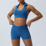 Buddha Stones 2Pcs Workout Sleeveless Backless Top Shorts Flared Pants Sports Fitness Yoga Outfit Set 2-Piece Outfit BS Blue 2Pcs(Top&Shorts) XL