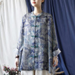 Buddha Stones Birds Flowers Geometry Frog-Button Long Sleeve Ramie Linen Jacket Shirt 1