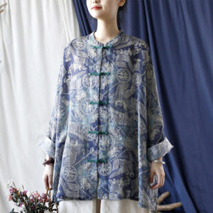 Buddha Stones Birds Flowers Geometry Frog-Button Long Sleeve Ramie Linen Jacket Shirt 1