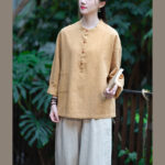 Buddha Stones Solid Color Loose Button Blouse Long Sleeve Shirt Top Long Sleeve Shirt BS 44