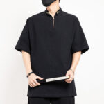Buddha Stones Chinese Tang Suit Embroidery Half Sleeve Shirt Linen Men Clothing Men's Shirts BS Black 5XL(Fit for US/UK/AU48; EU58)