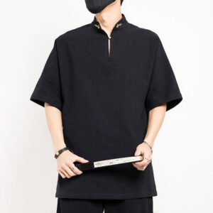 Buddha Stones Chinese Tang Suit Embroidery Half Sleeve Shirt Linen Men Clothing Men's Shirts BS Black 5XL(Fit for US/UK/AU48; EU58)