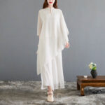 Buddha Stones 2Pcs Three Quarter Sleeve Irregular Design Shirt Wide Leg Pants Meditation Chiffon Women's Set Women's Meditation Cloth BS 2
