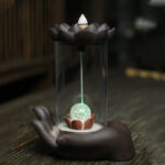 Buddha Stones Buddha Hand Lotus Enlightenment LED Light Purple Clay Ceramic Incense Burner Decoration Incense Burner BS 11