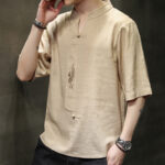 Buddha Stones Frog-Button Phoenix Embroidery Chinese Tang Suit Short Sleeve Shirt Cotton Linen Men Clothing Men's Shirts BS 13