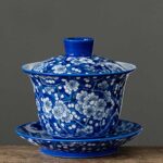 Buddha Stones Plum Blossom Blue And White Porcelain Ceramic Gaiwan Sancai Teacup Kung Fu Tea Cup And Saucer With Lid 185ml Cup BS 9