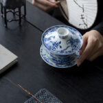 Buddha Stones Blue And White Porcelain Lotus Koi Fish Lion Dance Watermelon Ceramic Gaiwan Sancai Teacup Kung Fu Tea Cup And Saucer With Lid 300ml Cup BS 4
