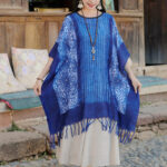 Buddha Stones Blue Geometric Stripes Batik Shawl Tassels Cozy Travel Pullover 90*95cm 8