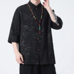 Buddha Stones Peach Blossom Bamboo Leaves Frog-button Chinese Half Sleeve Shirt Men T-shirt T-shirt BS 4
