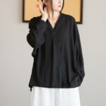 Buddha Stones V-Neck Blouse Women Shirt Long Sleeve Top Chinese Hanfu Style Clothing Long Sleeve Shirt BS 15