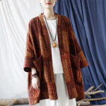 Buddha Stones Orange Flower Geometry Print Cotton Open Front Jacket With Pockets 21