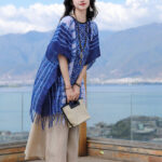 Buddha Stones Blue White Striped Indigo Dyeing Shawl Tassels Cozy Pullover 90*95cm 6