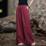 Buddha Stones Retro Wide Leg Pants Casual Women's Yoga Pants With Pockets Wide Leg Pants BS Burgundy(Waist 62-100cm/Hips 118cm/Length 98cm)