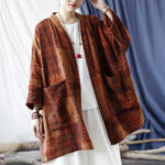 Buddha Stones Orange Flower Geometry Print Cotton Open Front Jacket With Pockets 20