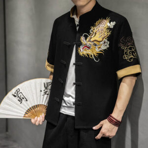 Buddha Stones Frog-Button Chinese Dragon Auspicious Cloud Embroidery Half Sleeve Shirt Cotton Linen Men Clothing Men's Shirts BS Black 5XL(Fit for US/UK/AU44; EU54)