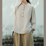 Buddha Stones Solid Color Loose Button Blouse Long Sleeve Shirt Top Long Sleeve Shirt BS 14