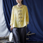 Buddha Stones Yellow Phoenix Print Frog-button Design Long Sleeve Ramie Linen Jacket Shirt Women's Shirts BS 19