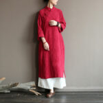 Buddha Stones Flower Jacquard Midi Dress Long Sleeve Cotton Linen Dress Wide Leg Pants With Pockets 30