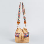 Buddha Stones Beach Geometry Straw Woven Bucket Tassels Crossbody Bag Shoulder Bag Crossbody Bag BS Khaki 22*19*22cm