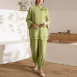 Buddha Stones 2Pcs Long Sleeve Frog-Button Meditation Prayer Zen Practice Tai Chi Uniform Clothing Women's Set Clothes BS Green Side Frog-Button(Top&Pants) US12/XXL