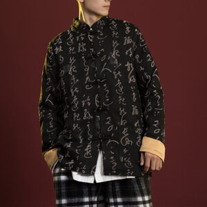 Buddha Stones Chinese Calligraphy Clothing Jacket Coat Tang Suit Men Clothing Clothes BS Black(Top Only) 5XL