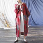 Buddha Stones Red Blue Flowers Print Cotton Three Quarter Sleeve Open Front Jacket Coat 10