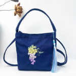 Buddha Stones Embroidery Wisteria Plum Lotus Cherry Blossom Cotton Linen Canvas Tote Crossbody Bag Shoulder Bag Handbag Crossbody Bag BS Navy Blue Grape 19*20*10cm