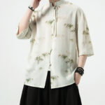 Buddha Stones Green Yellow Bamboo Leaves Print Half Sleeve Shirt Men's T-shirt T-shirt BS 1