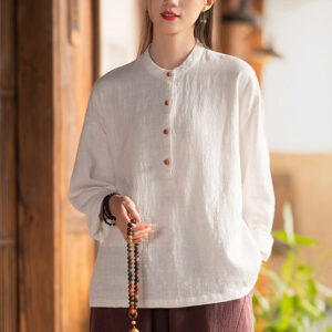 Buddha Stones Solid Color Loose Button Blouse Long Sleeve Shirt Top Long Sleeve Shirt BS White(Bust 126cm)(Top Only)