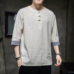 Buddha Stones Frog-Button Dragon Embroidery Chinese Tang Suit Three Quarter Sleeve Shirt Cotton Linen Men Clothing Men's Shirts BS 8