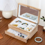 Buddha Stones Retro Beige Wooden Jewelry Box Two-Layer Jewelry Storage Box With Mirror - image 3