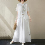 Buddha Stones 2Pcs Flower Embroidery Short Sleeve Tee T-shirt Wide Leg Pants Set 2-Piece Outfit BS 11