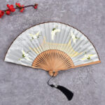 Buddha Stones Vintage Cloud Crane Pattern Handheld Bamboo Folding Fan Folding Fan BS Beige