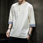 Buddha Stones Frog-Button Dragon Embroidery Chinese Tang Suit Three Quarter Sleeve Shirt Cotton Linen Men Clothing Men's Shirts BS 4