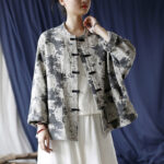 Buddha Stones Black Gray Print Frog-button Design Long Sleeve Cotton Linen Jacket Shirt With Pockets Women's Shirts BS 29