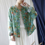 Buddha Stones Pink Flowers Green Leaves Print Frog-button Design Long Sleeve Ramie Linen Jacket Shirt Women's Shirts BS 36
