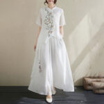 Buddha Stones 2Pcs Flower Embroidery Short Sleeve Tee T-shirt Wide Leg Pants Set 2-Piece Outfit BS 13