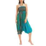 Buddha Stones Two Style Wear Peacock Feather Loose Smocked Harem Trousers Jumpsuit High Waist Pants Harem Pants BS 29